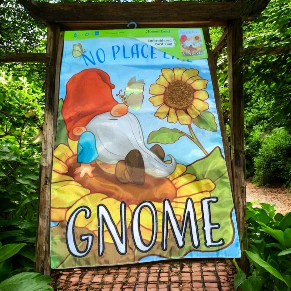 Meadow Creek 3D Garden Flag No Place Like Gnome Sunflower Outdoor Decor 18" NWT
